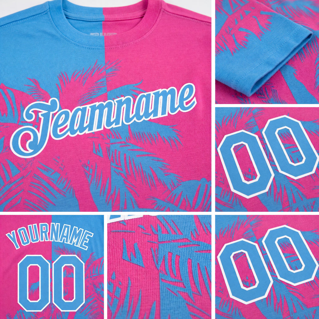 Custom Pink Light Blue-White 3D Pattern Design Hawaii Coconut Trees Performance T-Shirt detail