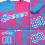 Custom Pink Light Blue-White 3D Pattern Design Hawaii Coconut Trees Performance T-Shirt detail