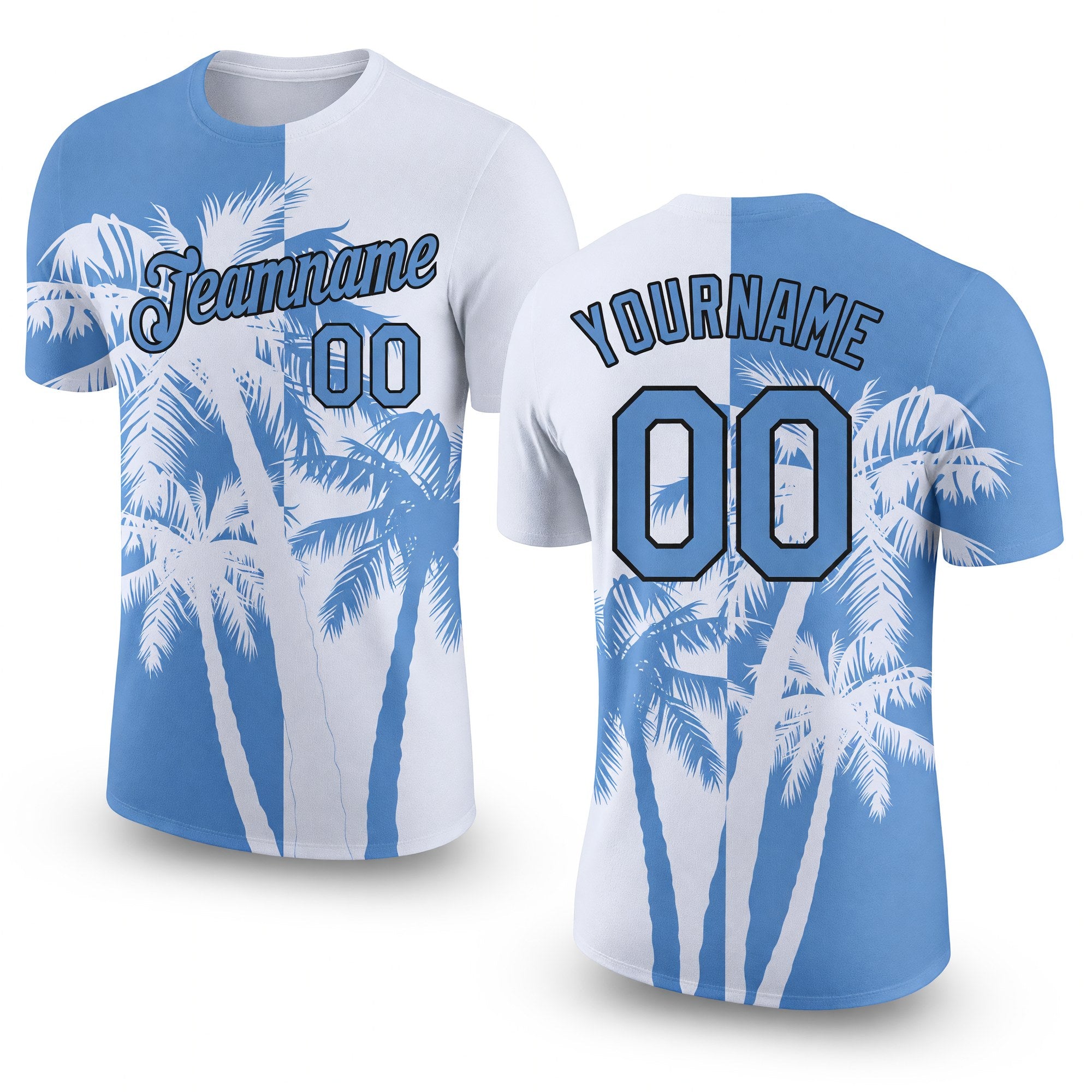 Custom White Light Blue-Black 3D Pattern Design Hawaii Coconut Trees Performance T-Shirt