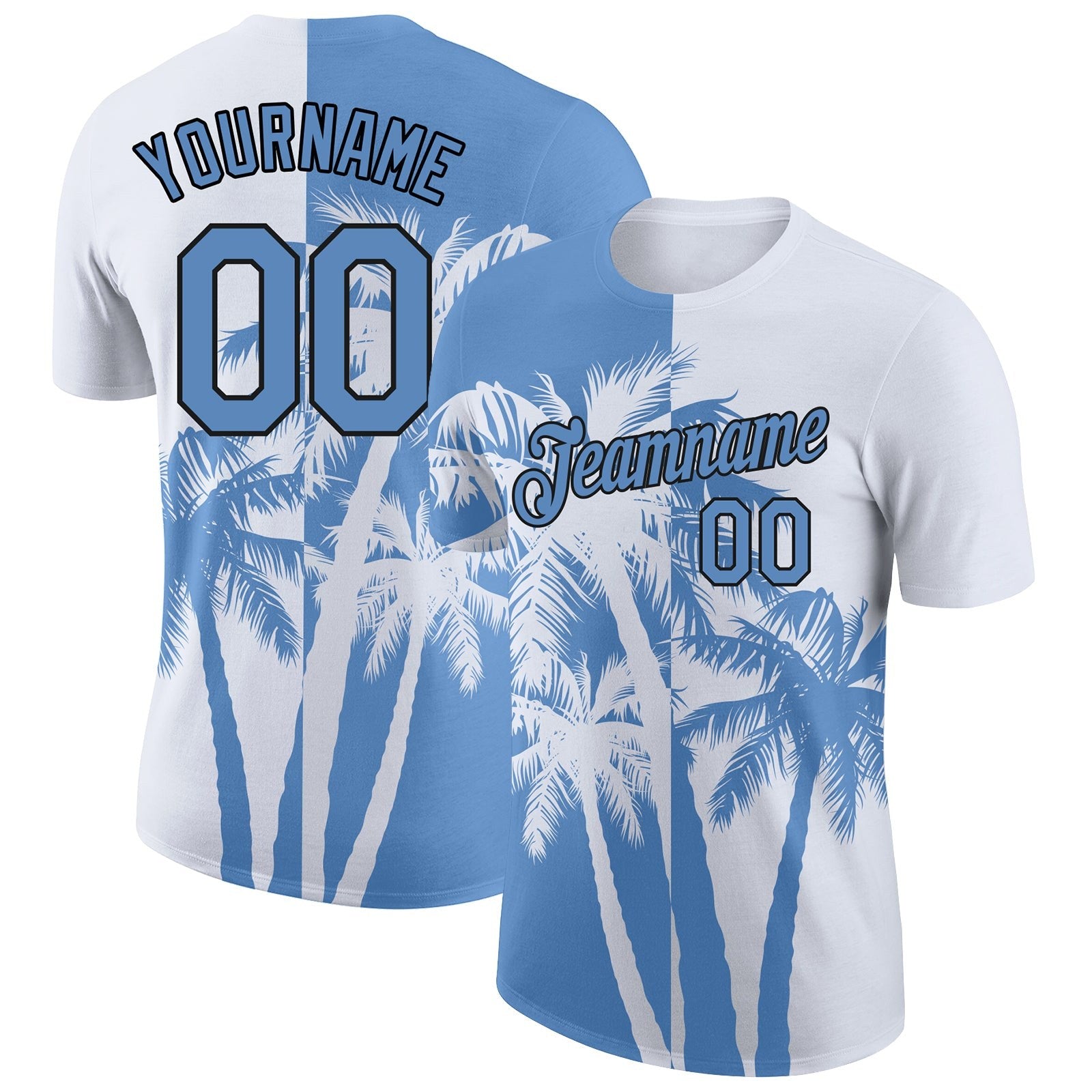 Custom White Light Blue-Black 3D Pattern Design Hawaii Coconut Trees Performance T-Shirt photo 1