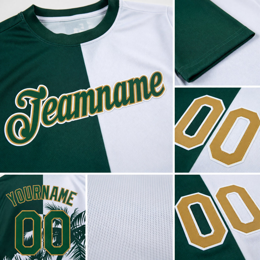 Custom Green Old Gold-White 3D Pattern Design Hawaii Coconut Trees Performance T-Shirt detail
