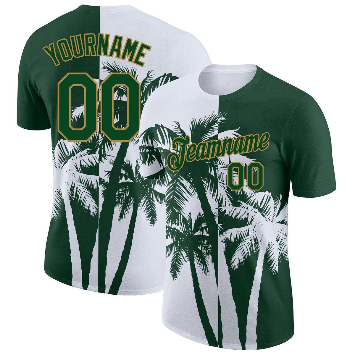 Custom Green Old Gold-White 3D Pattern Design Hawaii Coconut Trees Performance T-Shirt photo 1