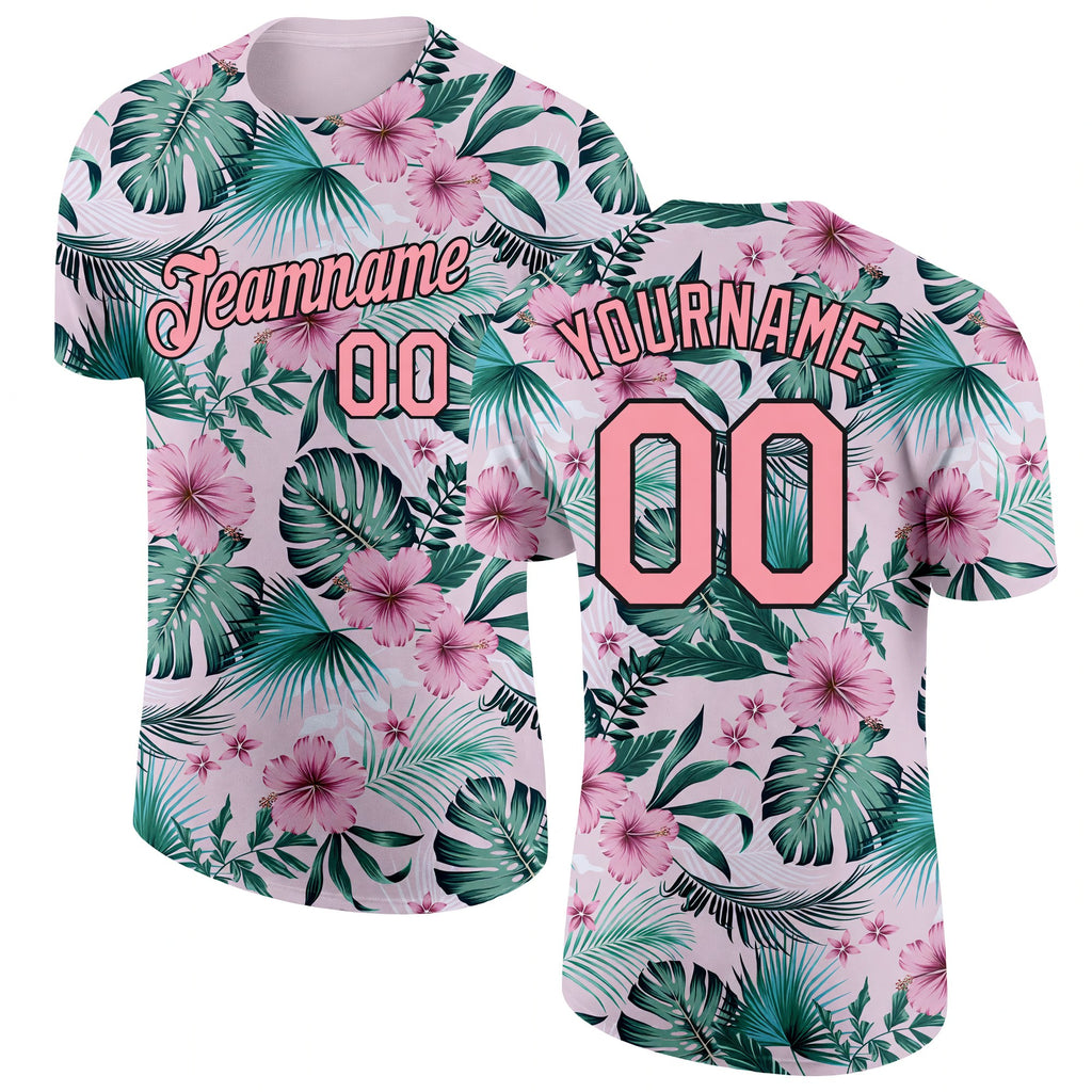 Custom Pink Medium Pink-Black 3D Pattern Design Hawaii Palm Leaves And Flowers Performance T-Shirt