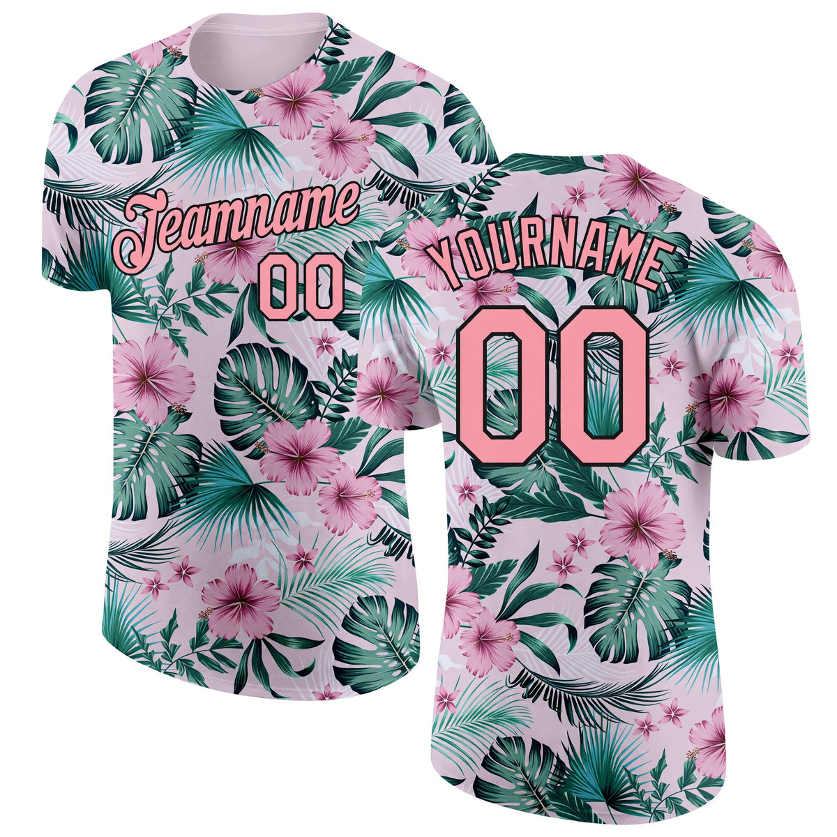 Custom Pink Medium Pink-Black 3D Pattern Design Hawaii Palm Leaves And Flowers Performance T-Shirt