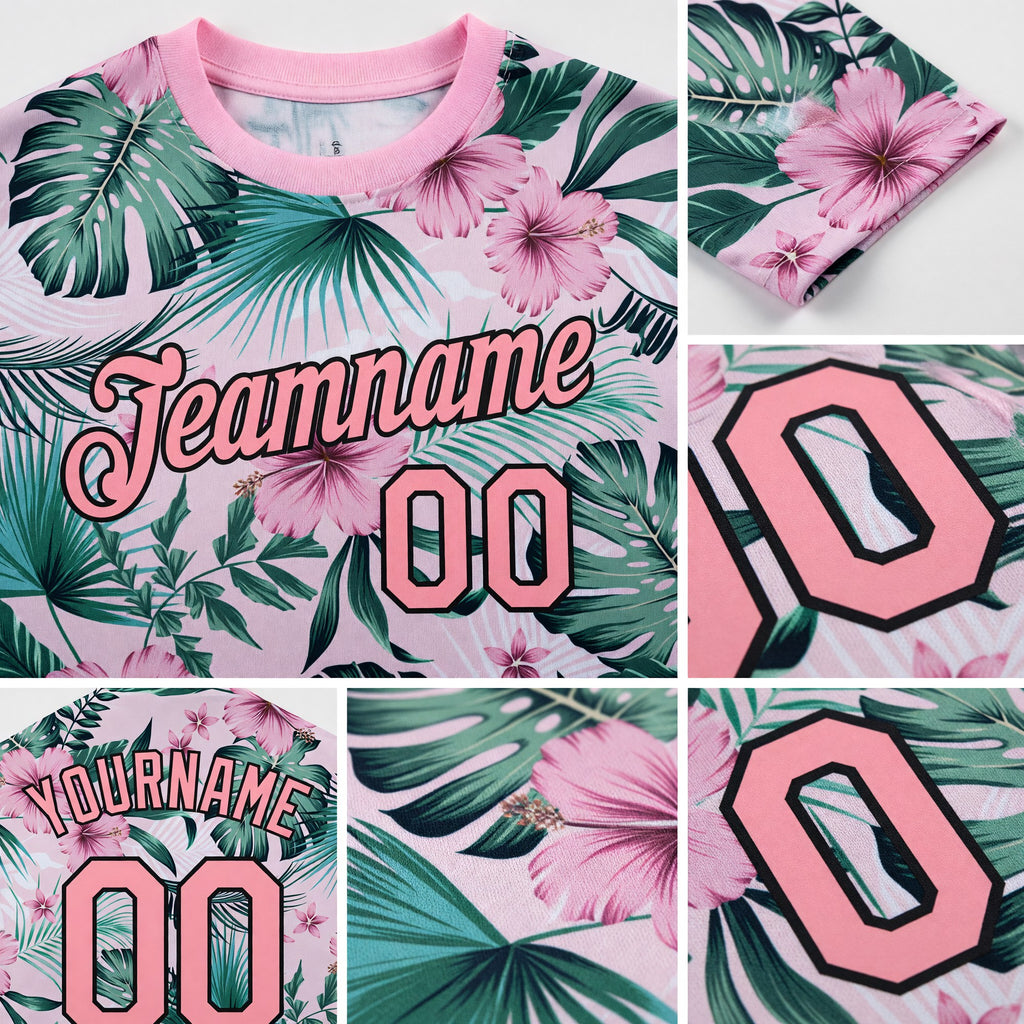 Custom Pink Medium Pink-Black 3D Pattern Design Hawaii Palm Leaves And Flowers Performance T-Shirt detail