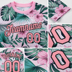Custom Pink Medium Pink-Black 3D Pattern Design Hawaii Palm Leaves And Flowers Performance T-Shirt detail