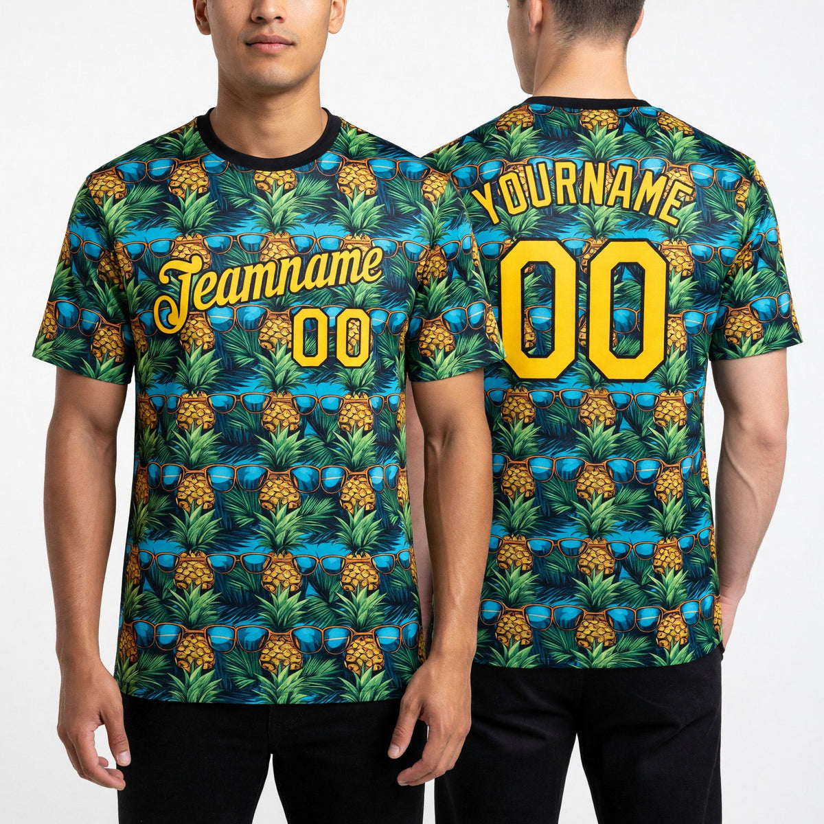 Custom Black Yellow 3D Pattern Design Tropical Pineapple Performance T-Shirt worn front and back