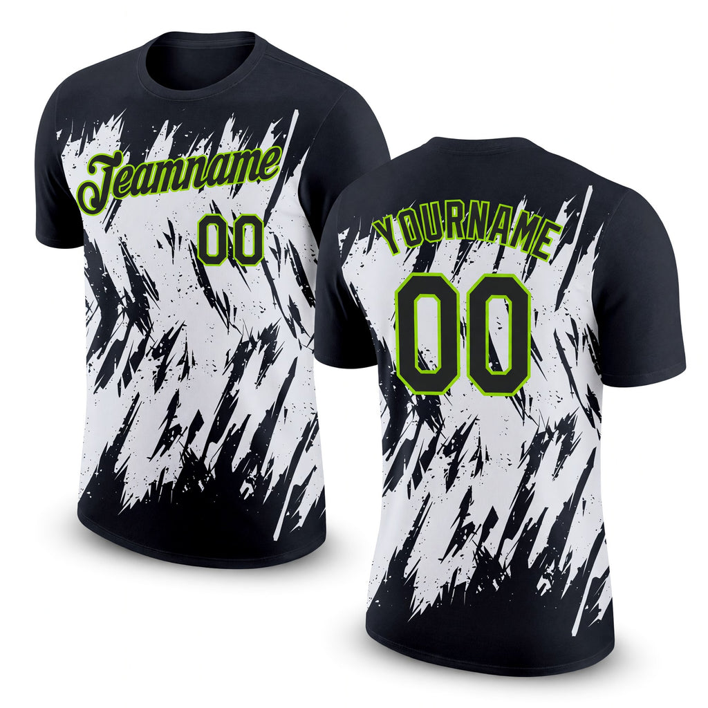 Custom Black Neon Green-White 3D Pattern Design Abstract Sharp Shape Performance T-Shirt