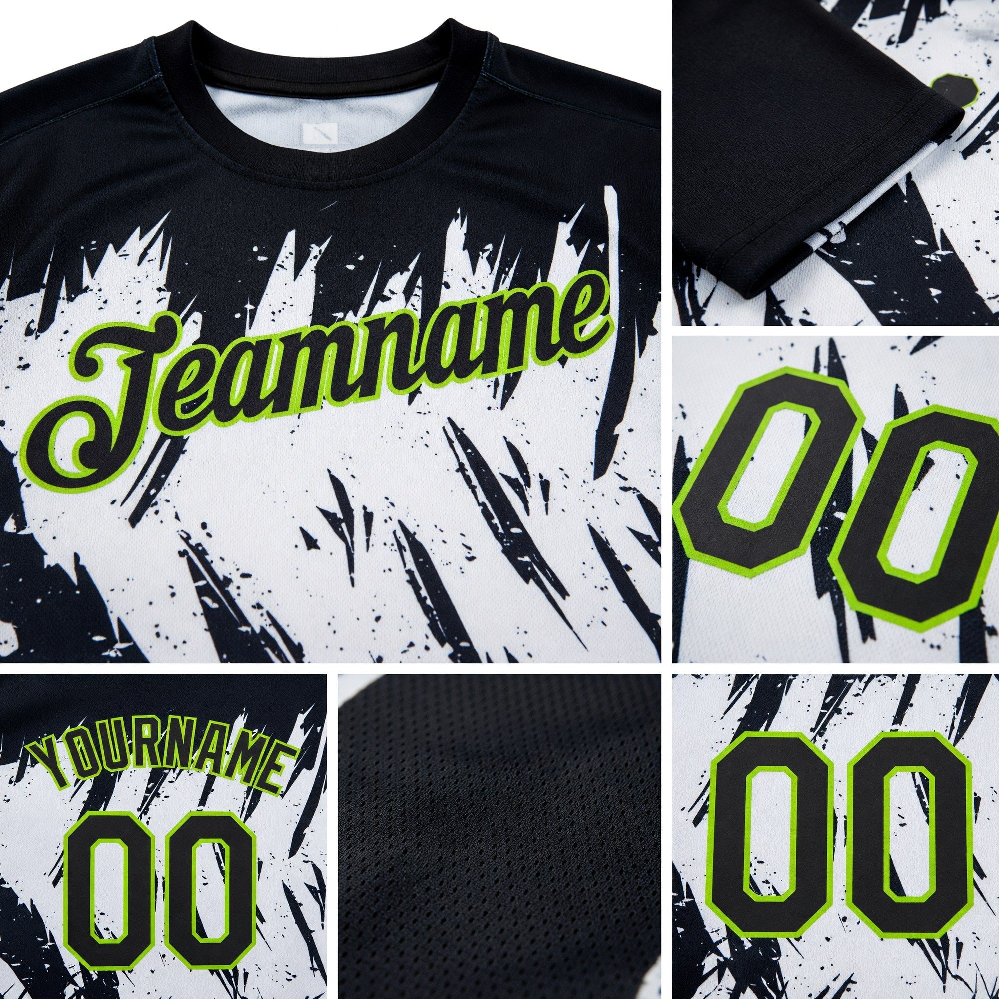 Custom Black Neon Green-White 3D Pattern Design Abstract Sharp Shape Performance T-Shirt detail