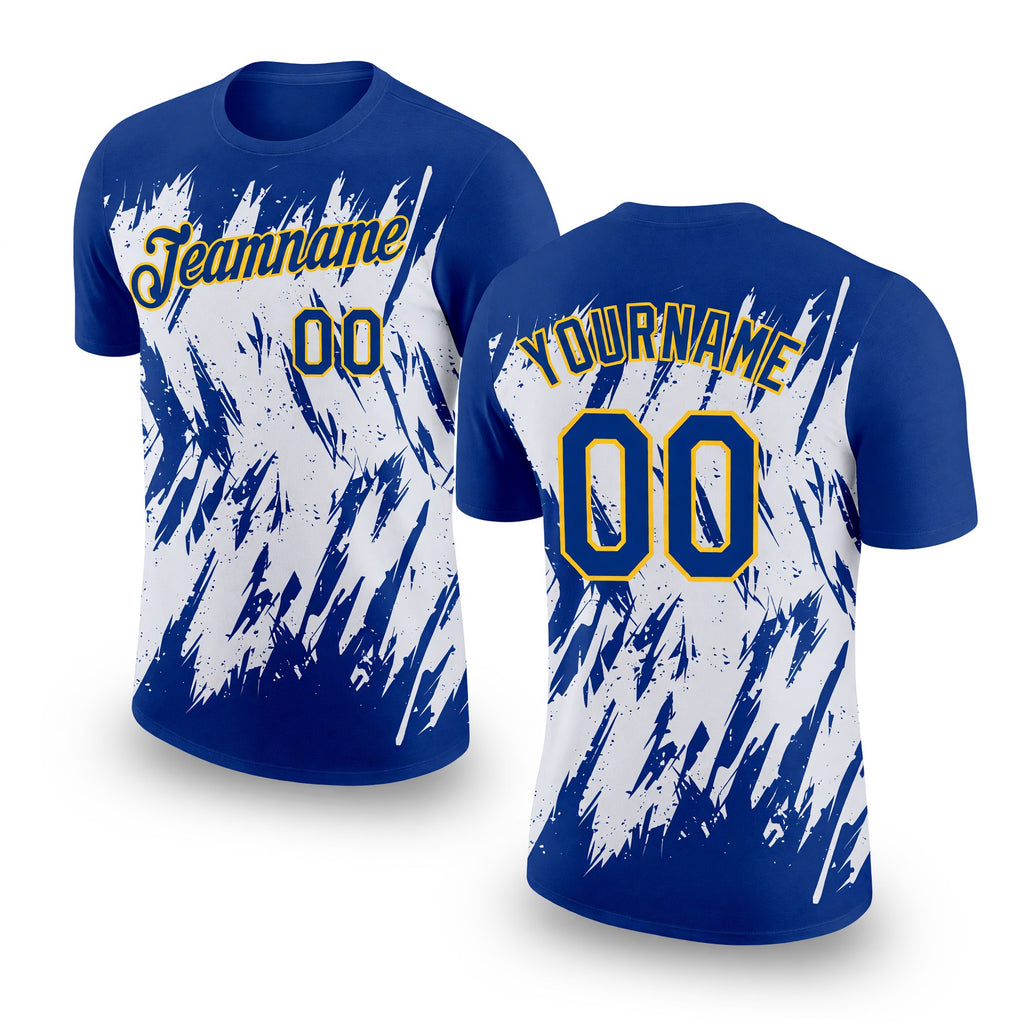 Custom Royal White-Yellow 3D Pattern Design Abstract Sharp Shape Performance T-Shirt