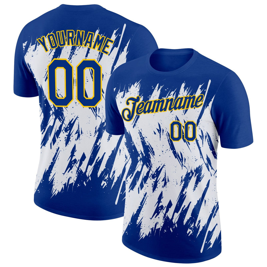 Custom Royal White-Yellow 3D Pattern Design Abstract Sharp Shape Performance T-Shirt photo 1