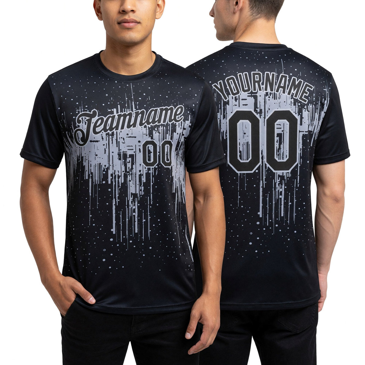 Custom Black Gray 3D Pattern Design Dripping Splatter Art Performance T-Shirt worn front and back