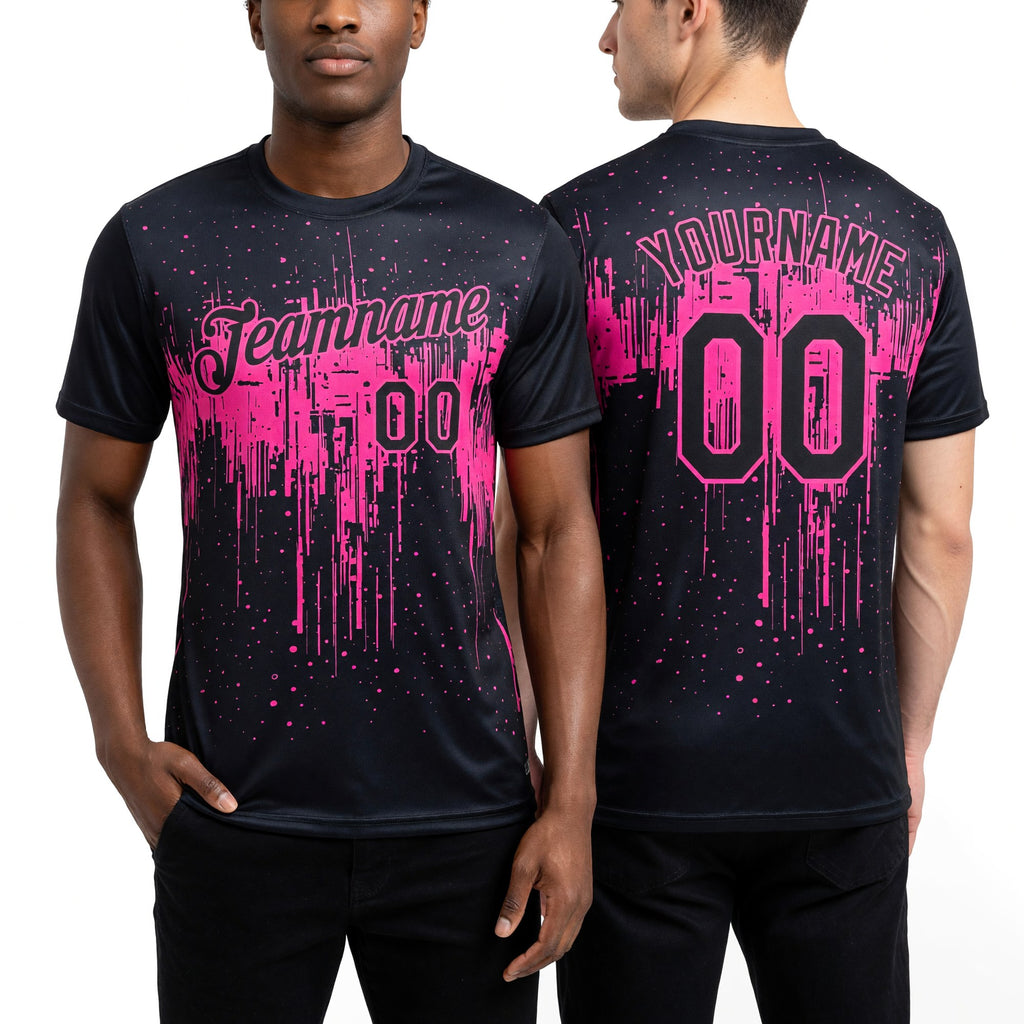 Custom Black Pink 3D Pattern Design Dripping Splatter Art Performance T-Shirt worn front and back