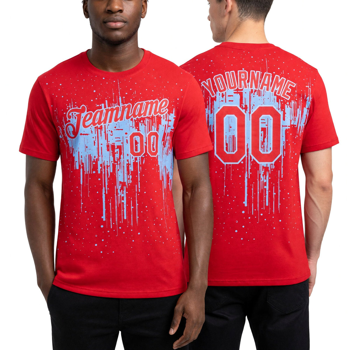 Custom Red Light Blue 3D Pattern Design Dripping Splatter Art Performance T-Shirt worn front and back