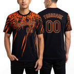 Custom Black Orange 3D Pattern Design Abstract Sharp Shape Performance T-Shirt worn front and back