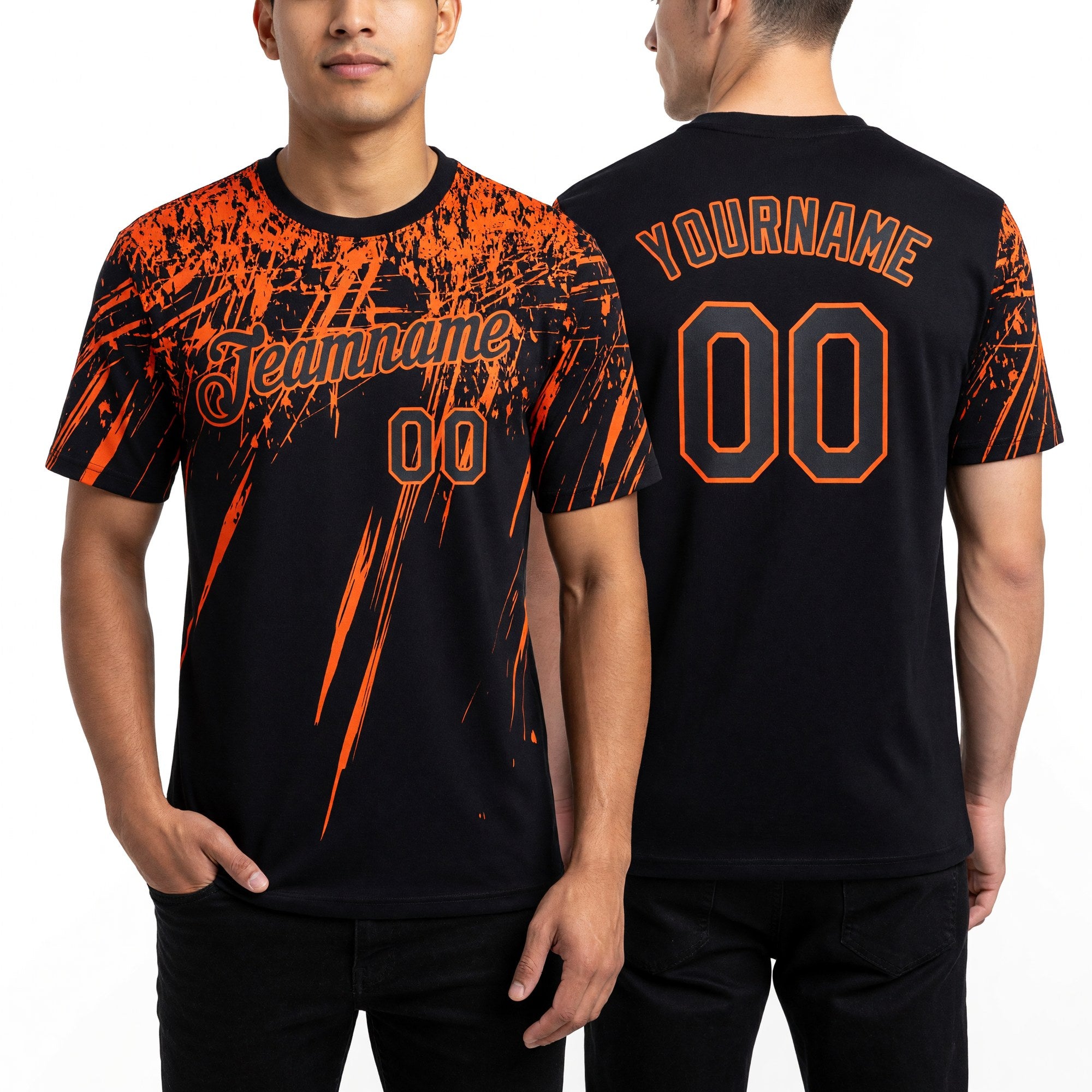 Custom Black Orange 3D Pattern Design Abstract Sharp Shape Performance T-Shirt worn front and back