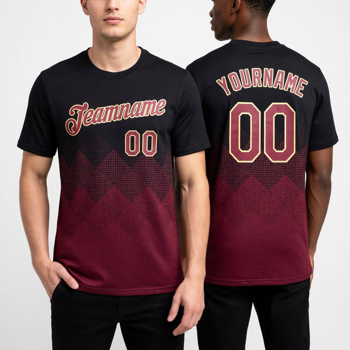 Custom Black Crimson-City Cream 3D Pattern Design Gradient Square Shapes Performance T-Shirt worn front and back
