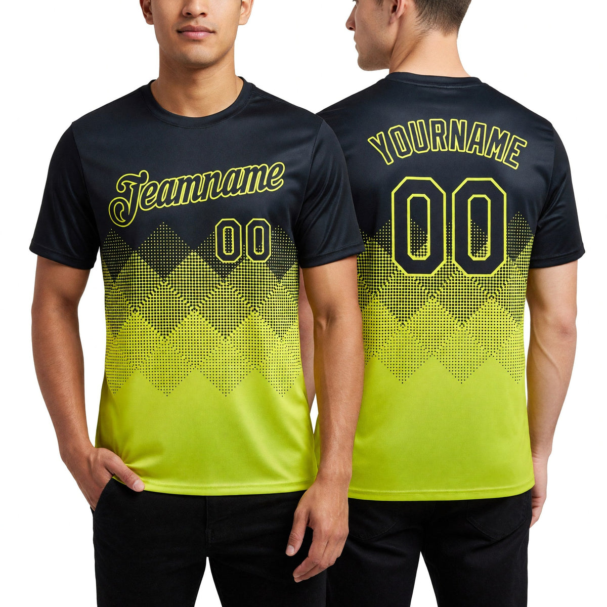 Custom Black Neon Yellow 3D Pattern Design Gradient Square Shapes Performance T-Shirt worn front and back