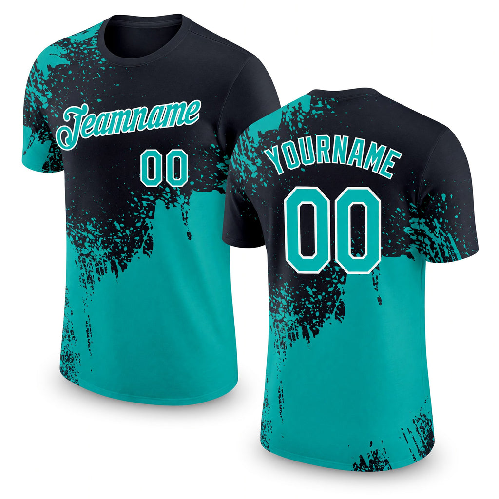 Custom Aqua Black-White 3D Pattern Design Abstract Brush Stroke Performance T-Shirt