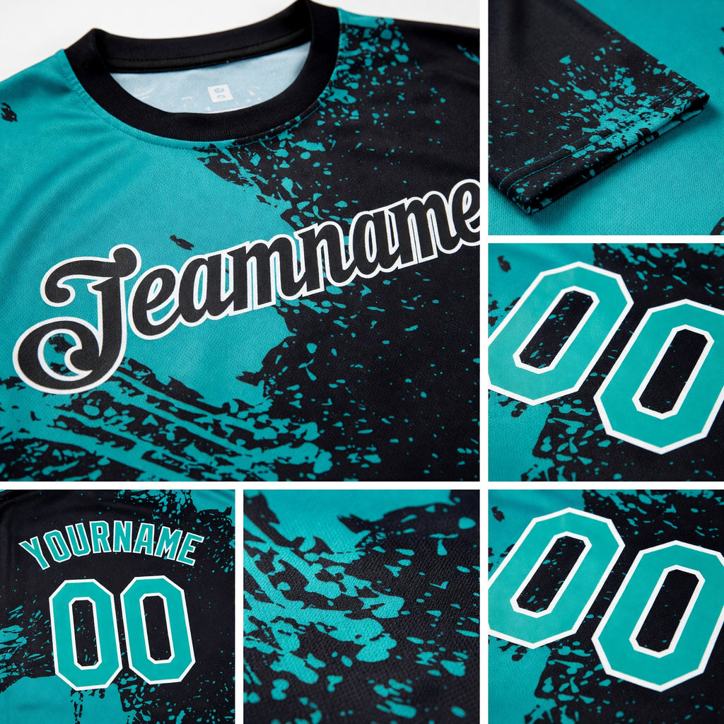 Custom Aqua Black-White 3D Pattern Design Abstract Brush Stroke Performance T-Shirt detail