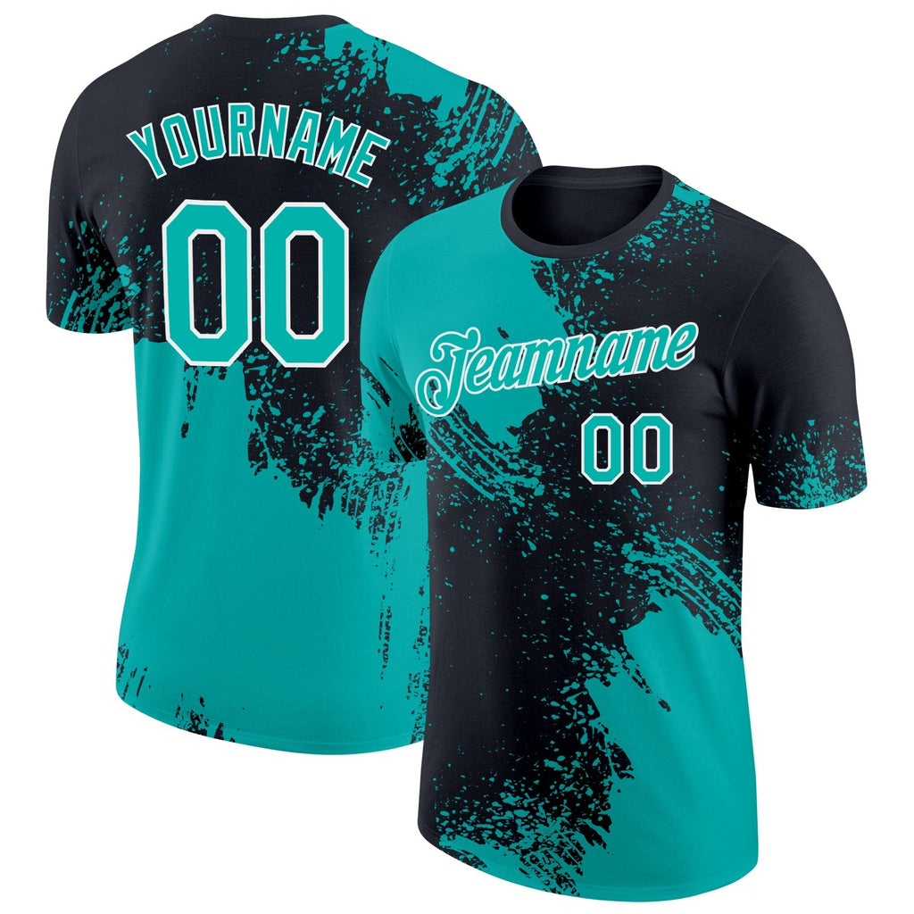Custom Aqua Black-White 3D Pattern Design Abstract Brush Stroke Performance T-Shirt photo 1