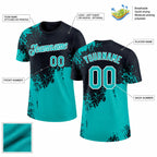 Custom Aqua Abstract Brush Stroke Performance T-Shirt with Black and White Lettering customization guide