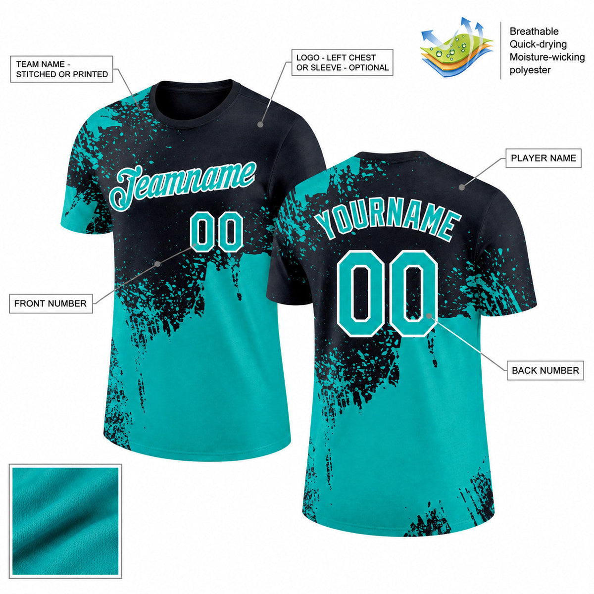 Custom Aqua Abstract Brush Stroke Performance T-Shirt with Black and White Lettering customization guide