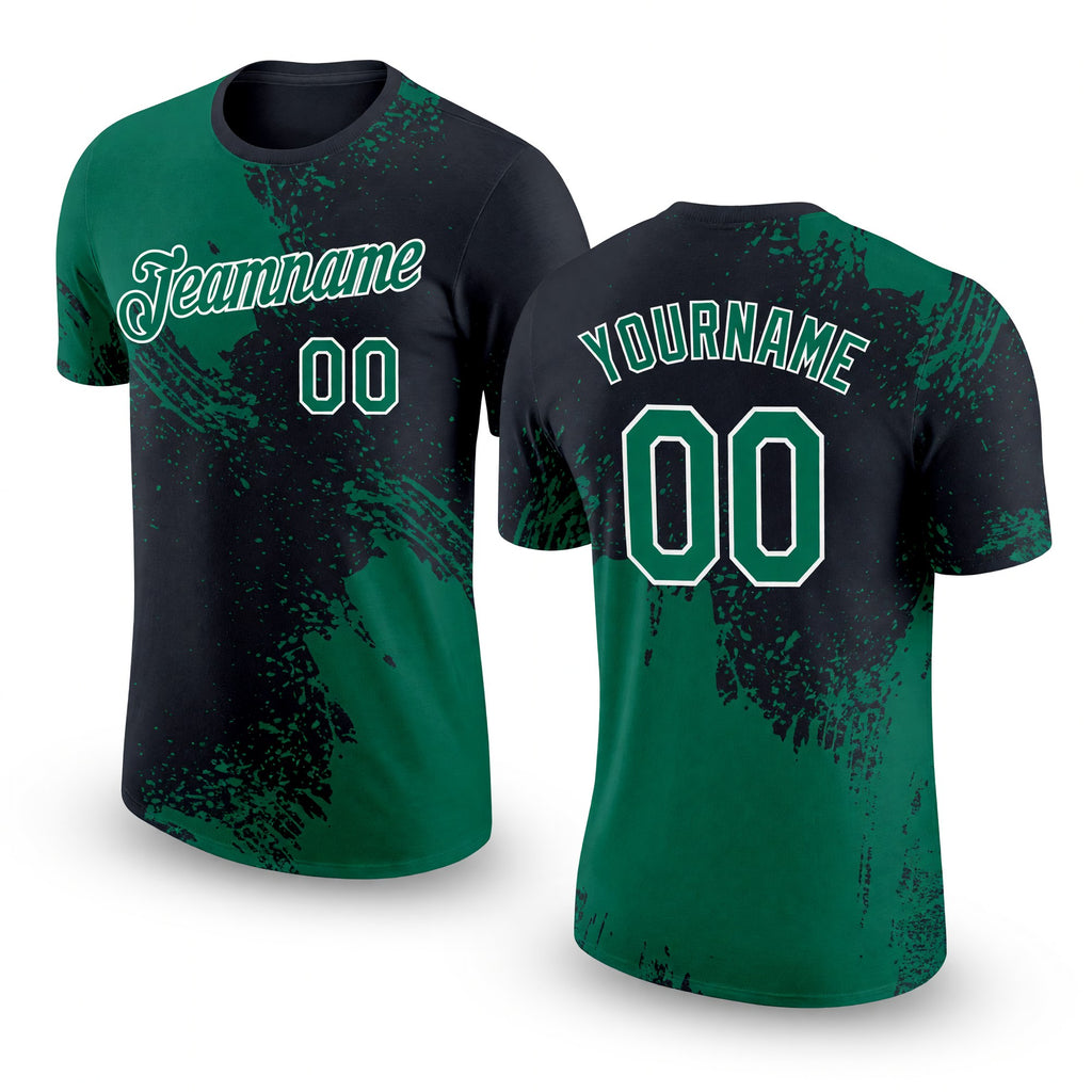 Custom Kelly Green Black-White 3D Pattern Design Abstract Brush Stroke Performance T-Shirt