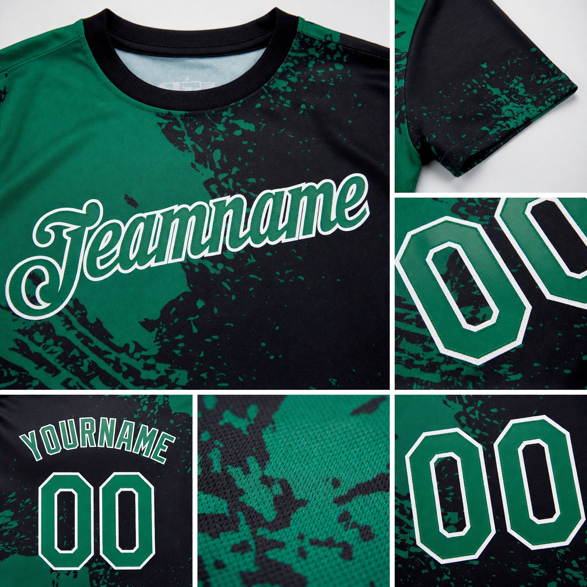 Custom Kelly Green Black-White 3D Pattern Design Abstract Brush Stroke Performance T-Shirt detail
