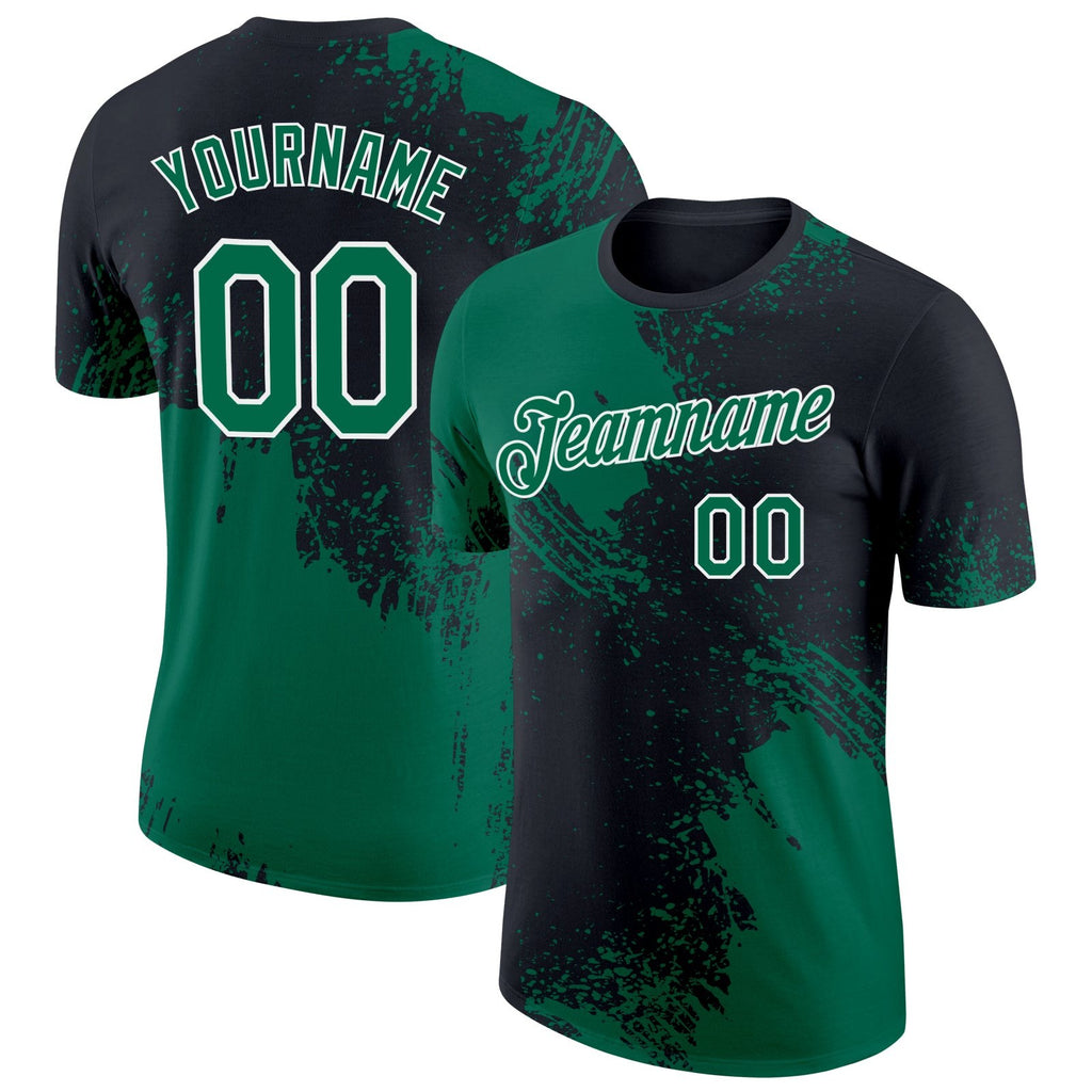 Custom Kelly Green Black-White 3D Pattern Design Abstract Brush Stroke Performance T-Shirt photo 1