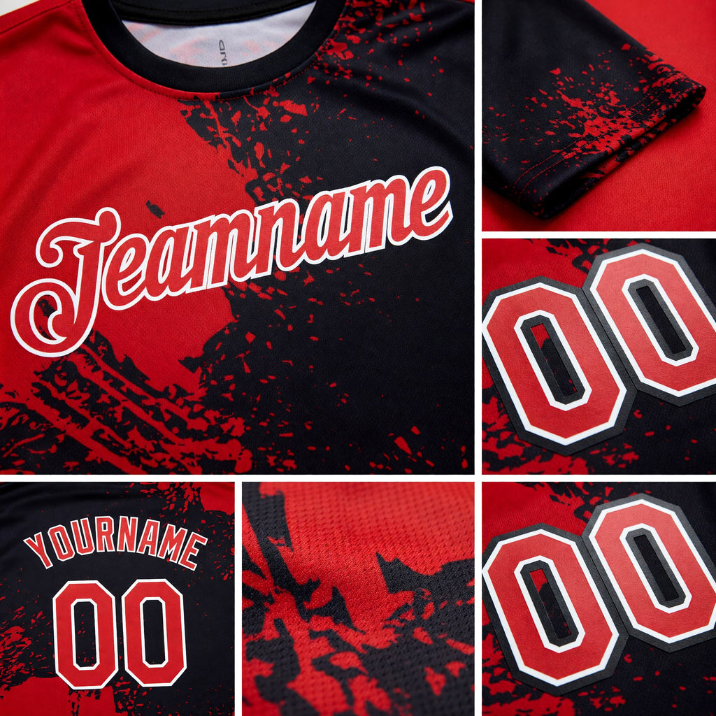 Custom Red Black-White 3D Pattern Design Abstract Brush Stroke Performance T-Shirt detail