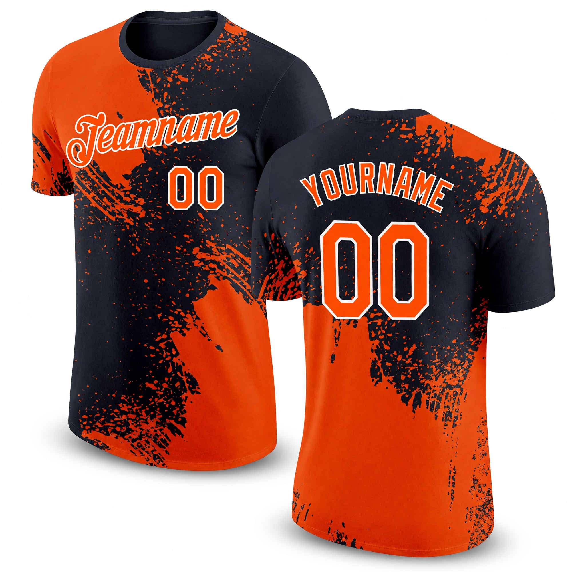 Custom Orange Black-White 3D Pattern Design Abstract Brush Stroke Performance T-Shirt