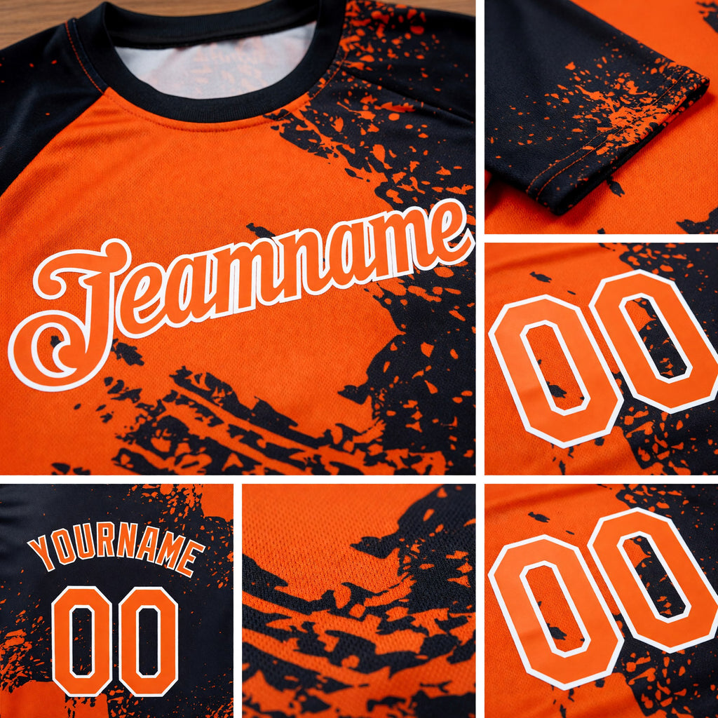Custom Orange Black-White 3D Pattern Design Abstract Brush Stroke Performance T-Shirt detail