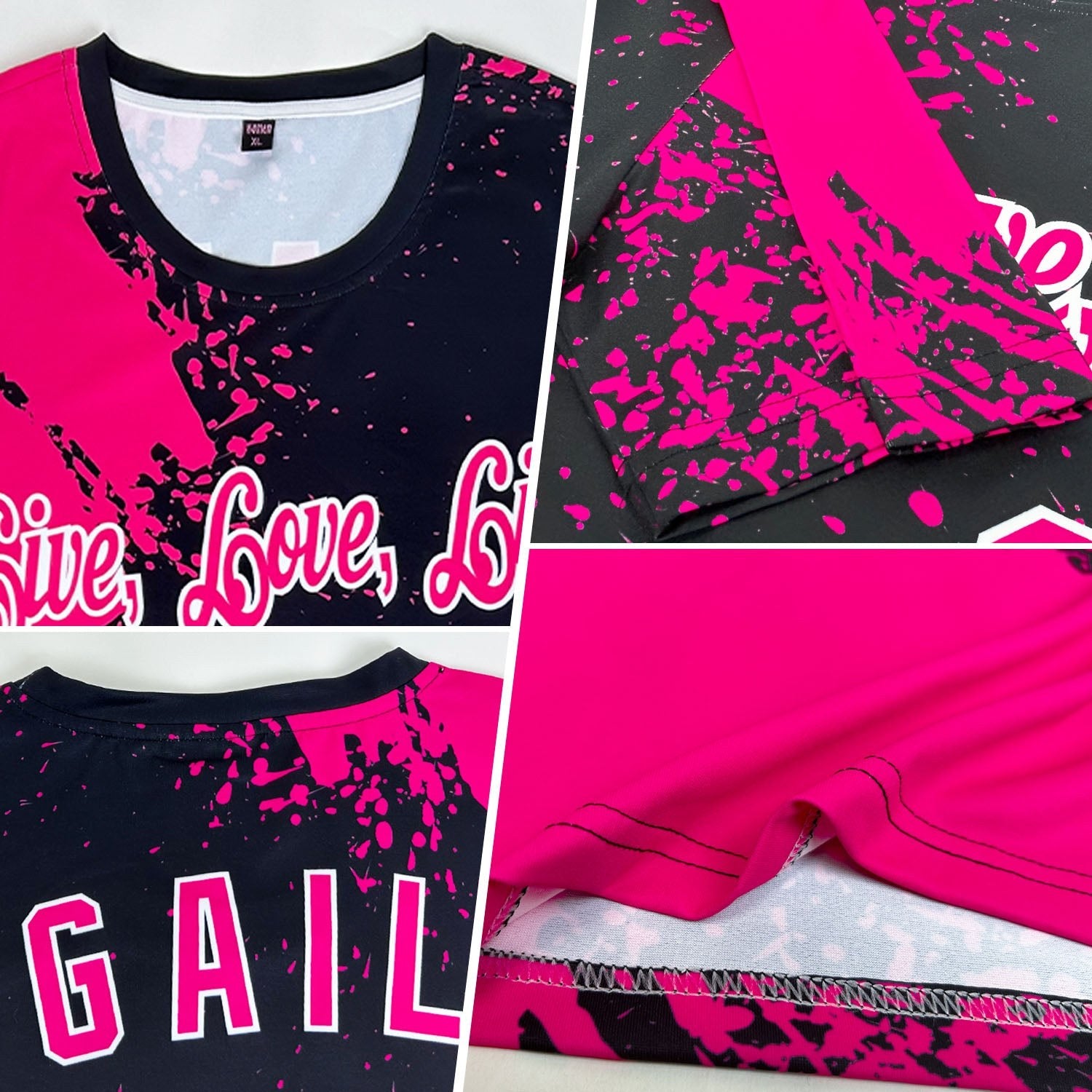 Custom Pink Black-White 3D Pattern Design Abstract Brush Stroke Performance T-Shirt photo 2