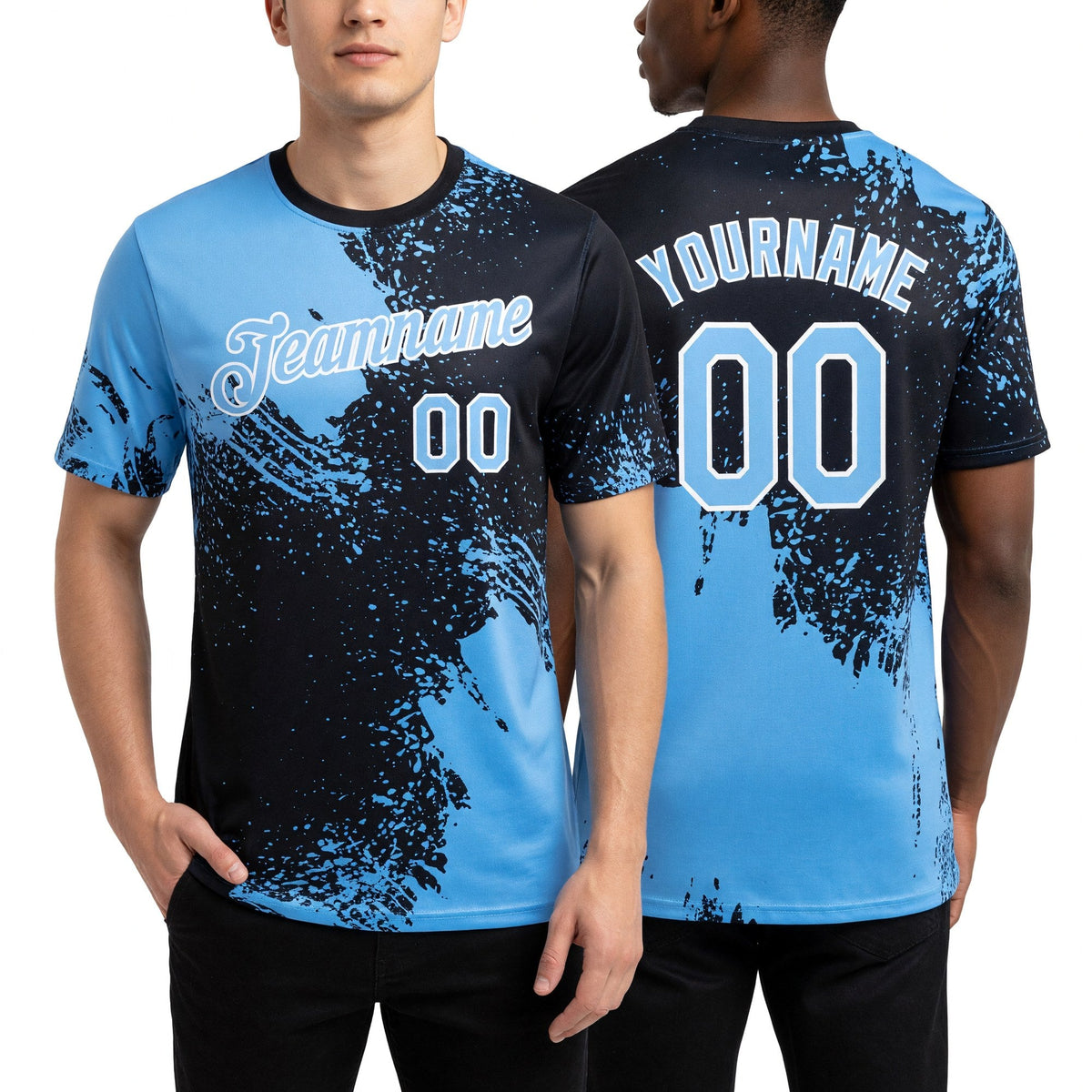 Custom Light Blue Black-White 3D Pattern Design Abstract Brush Stroke Performance T-Shirt worn front and back