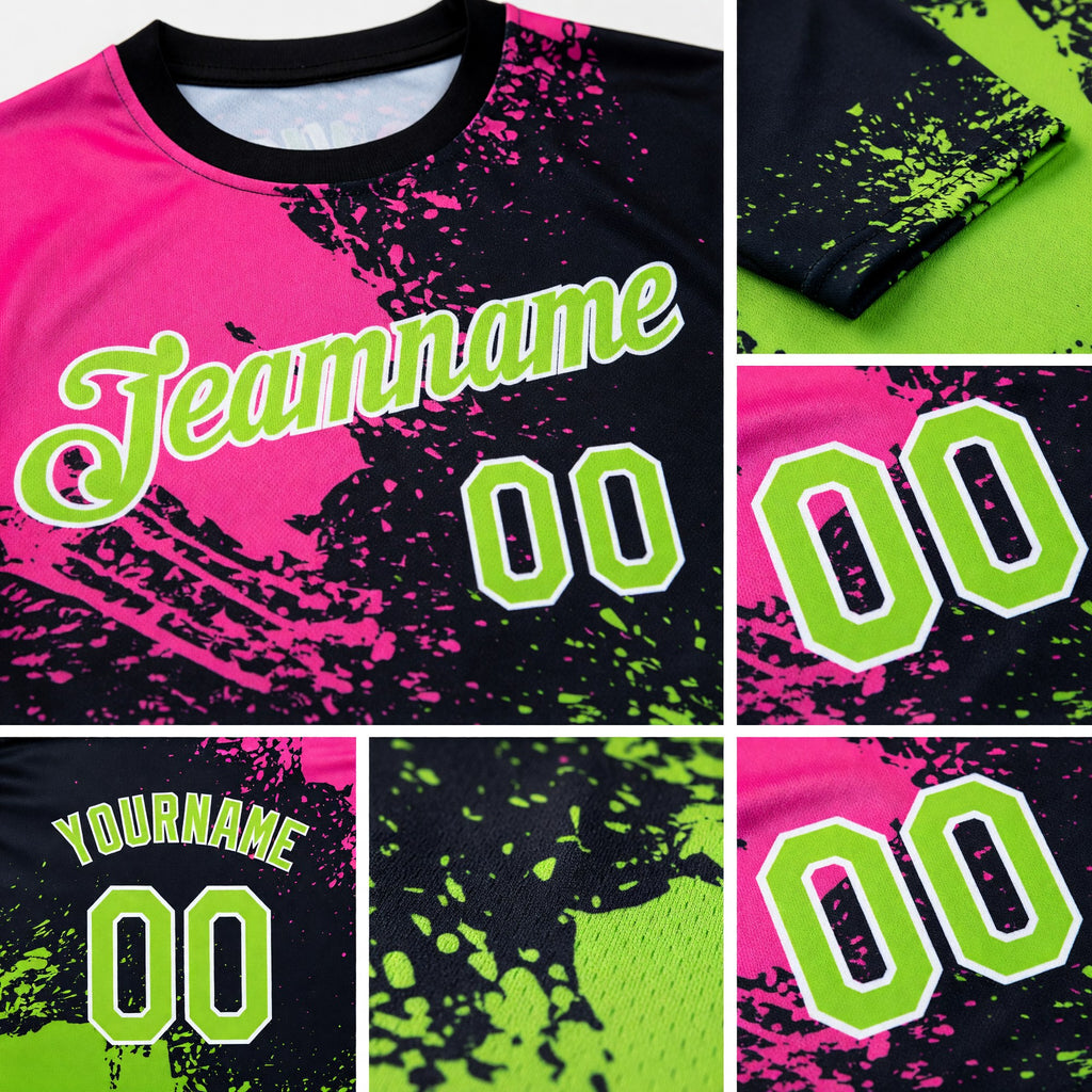 Custom Pink Neon Green-Black 3D Pattern Design Abstract Brush Stroke Performance T-Shirt detail