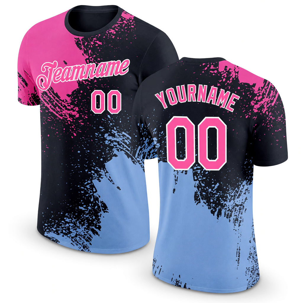 Custom Pink Black-Light Blue 3D Pattern Design Abstract Brush Stroke Performance T-Shirt