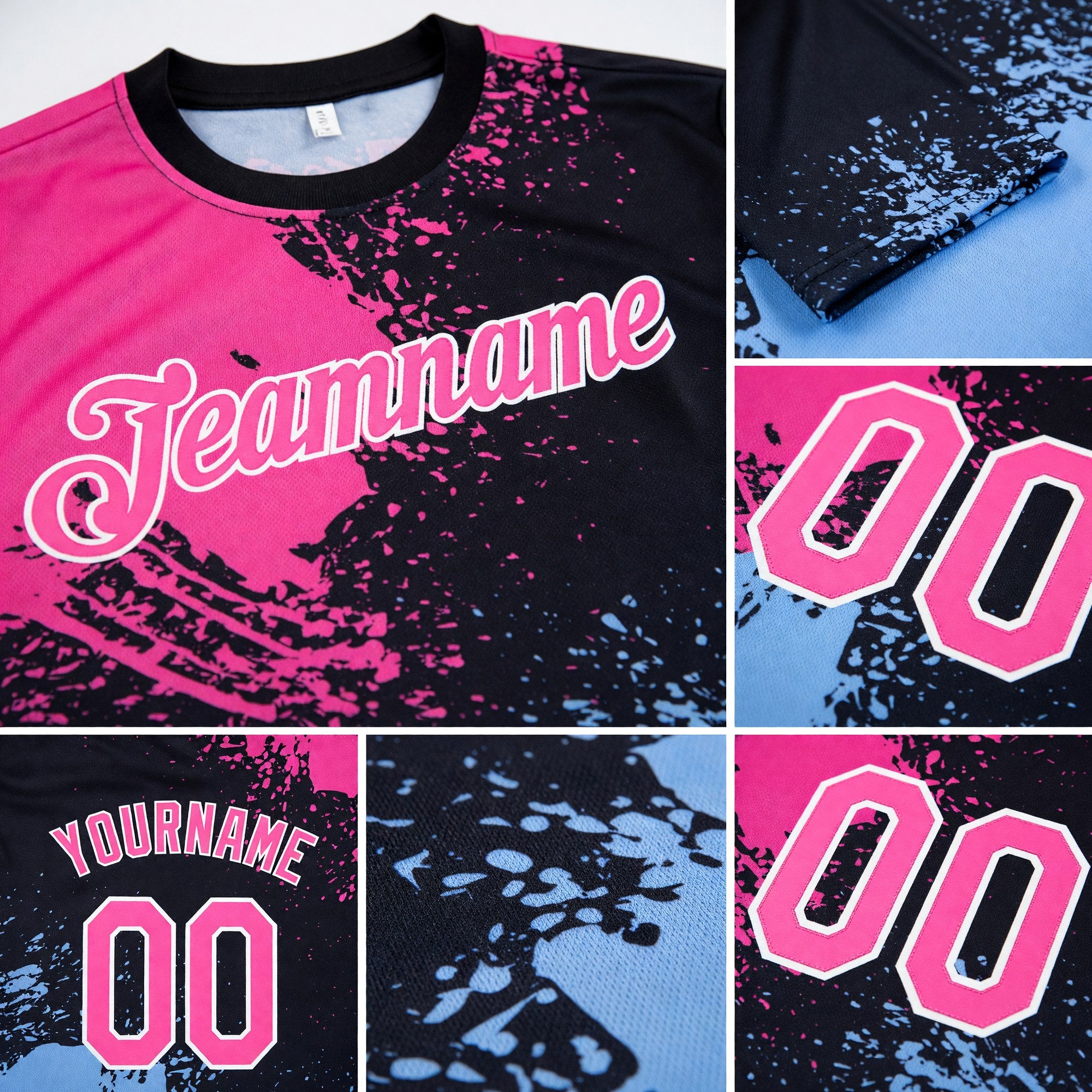 Custom Pink Black-Light Blue 3D Pattern Design Abstract Brush Stroke Performance T-Shirt detail