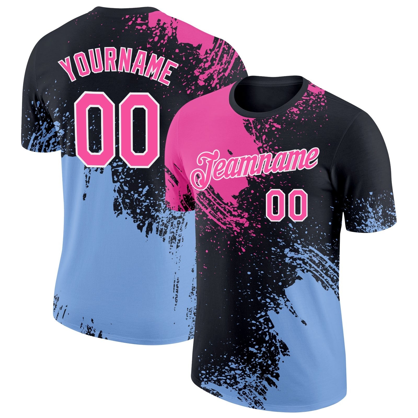 Custom Pink Black-Light Blue 3D Pattern Design Abstract Brush Stroke Performance T-Shirt photo 1