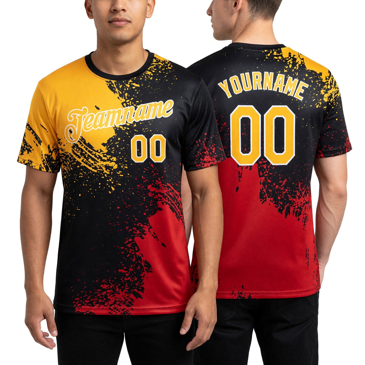 Custom Gold Black-Red 3D Pattern Design Abstract Brush Stroke Performance T-Shirt worn front and back