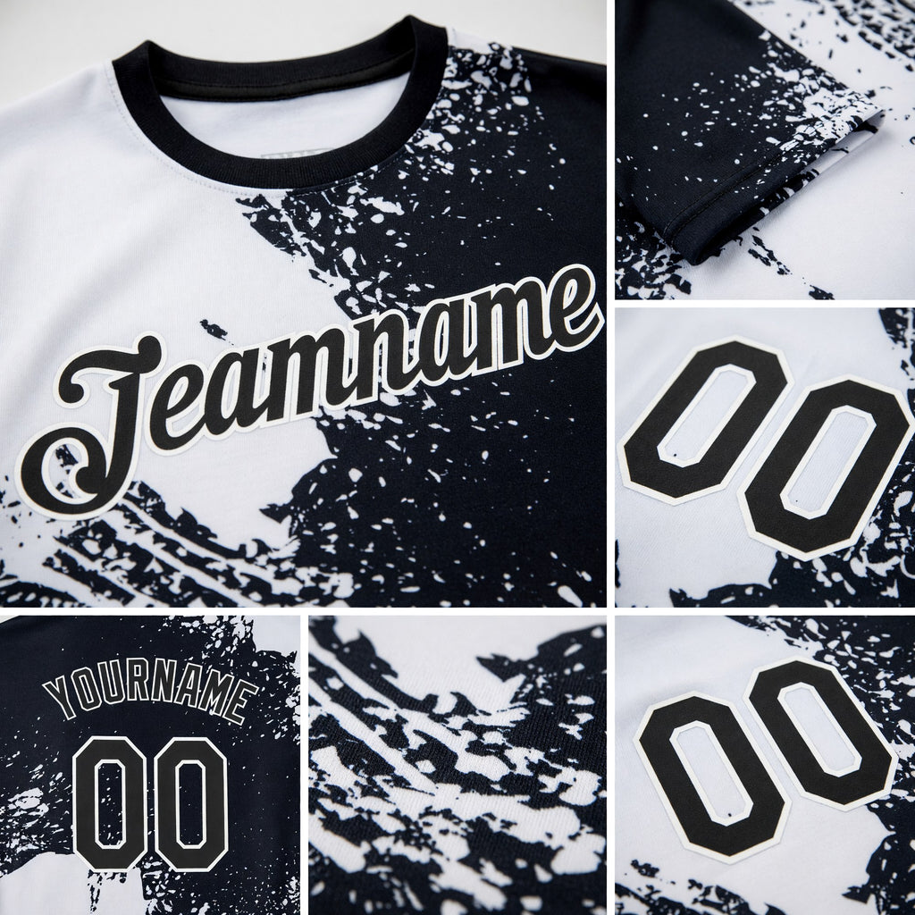 Custom White Black 3D Pattern Design Abstract Brush Stroke Performance T-Shirt detail
