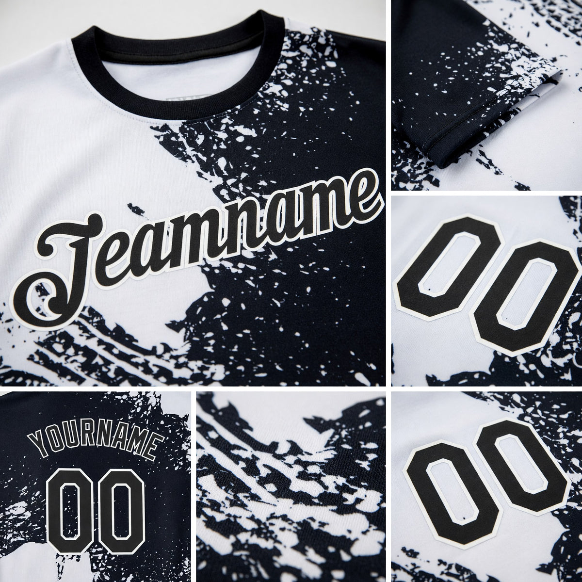 Custom White Black 3D Pattern Design Abstract Brush Stroke Performance T-Shirt detail