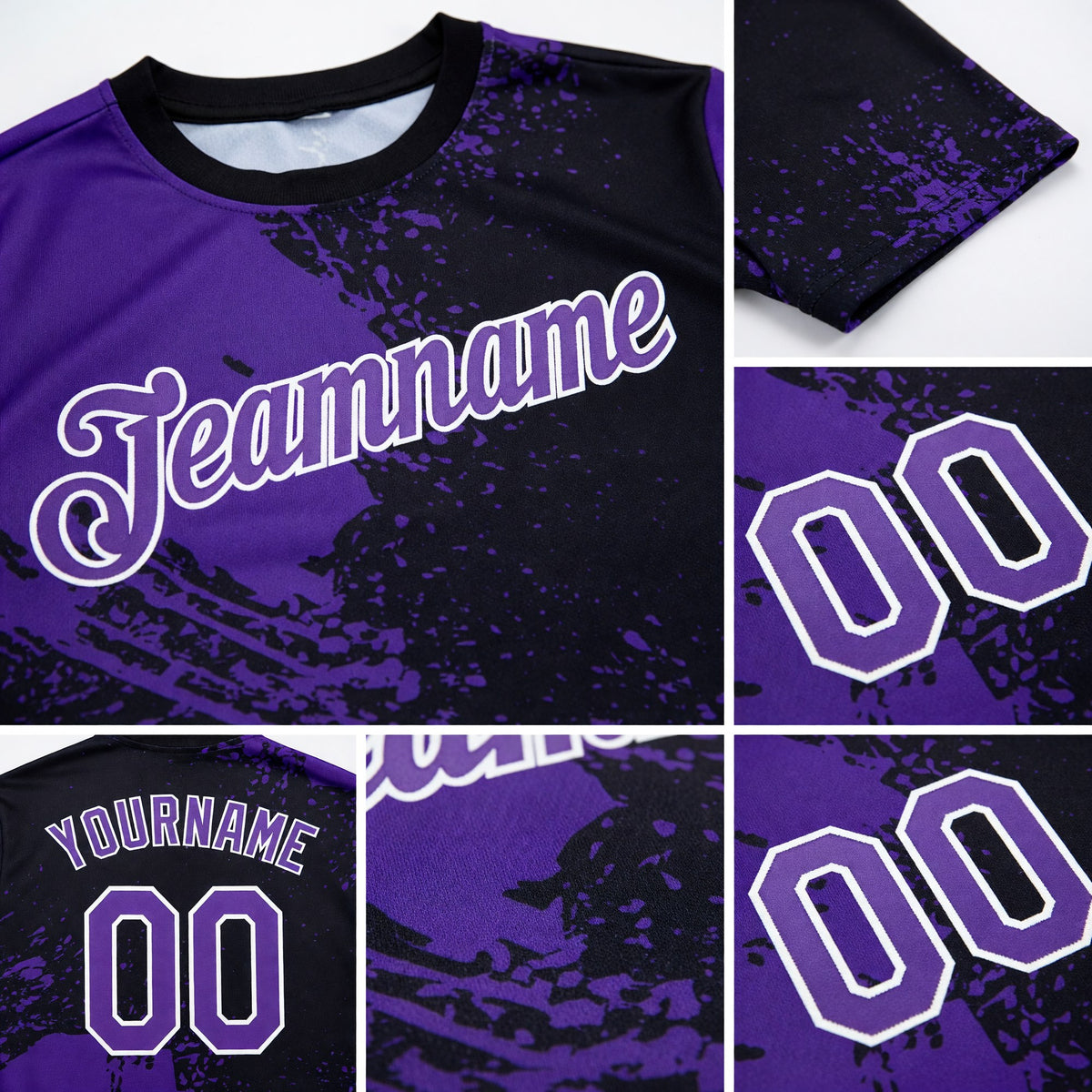 Custom Purple Black-White 3D Pattern Design Abstract Brush Stroke Performance T-Shirt detail