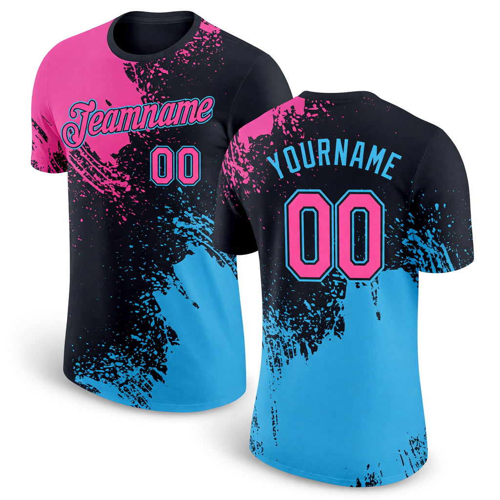 Custom Black Pink-Sky Blue 3D Pattern Design Abstract Brush Stroke Performance T-Shirt