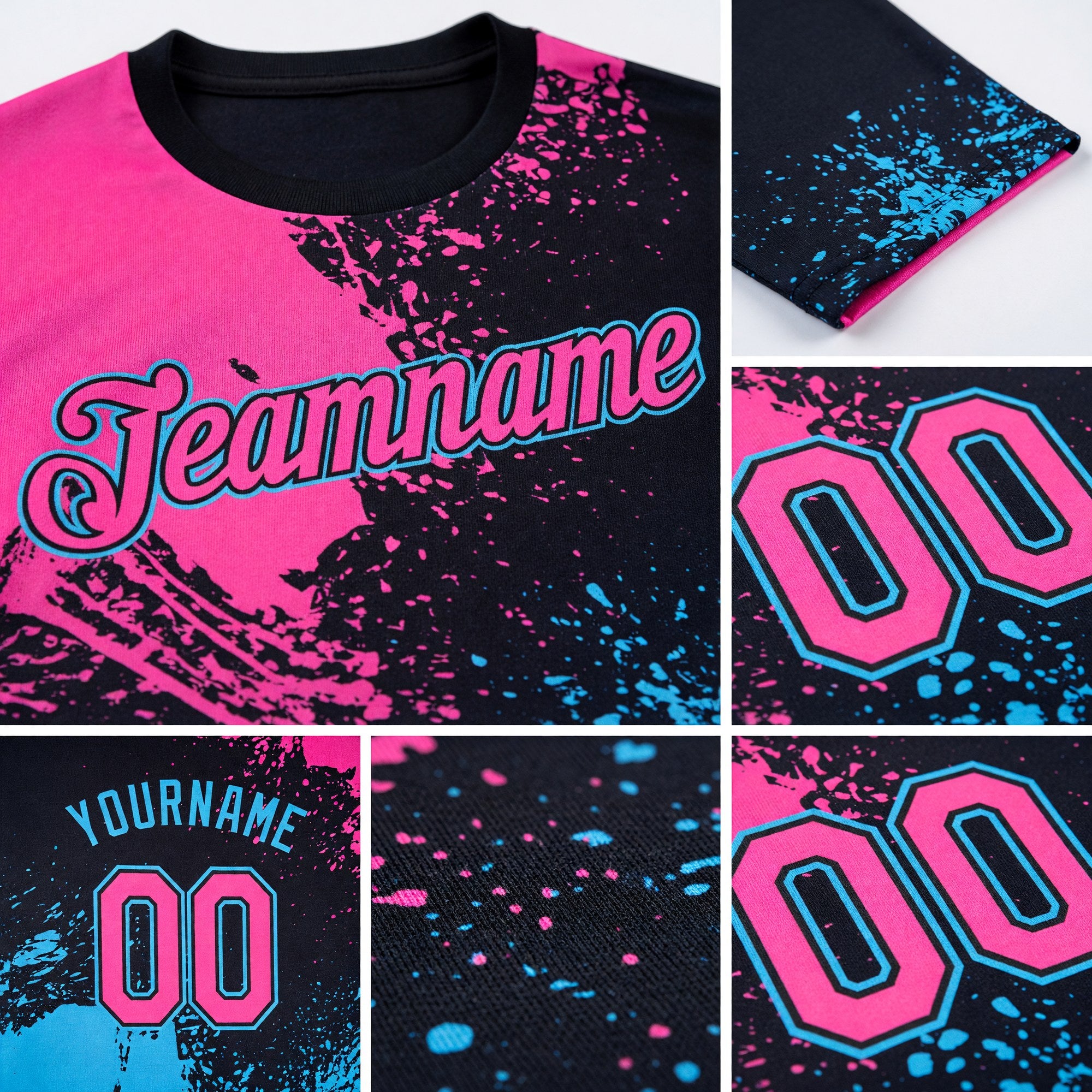 Custom Black Pink-Sky Blue 3D Pattern Design Abstract Brush Stroke Performance T-Shirt detail