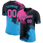 Custom Black Pink-Sky Blue 3D Pattern Design Abstract Brush Stroke Performance T-Shirt photo 1