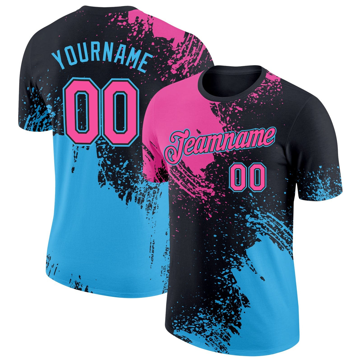 Custom Black Pink-Sky Blue 3D Pattern Design Abstract Brush Stroke Performance T-Shirt photo 1