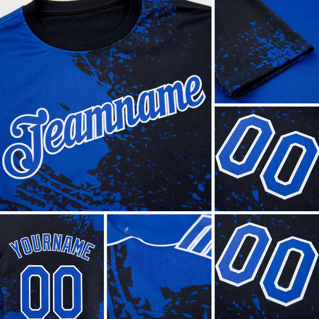 Custom Thunder Blue Black-White 3D Pattern Design Abstract Brush Stroke Performance T-Shirt detail