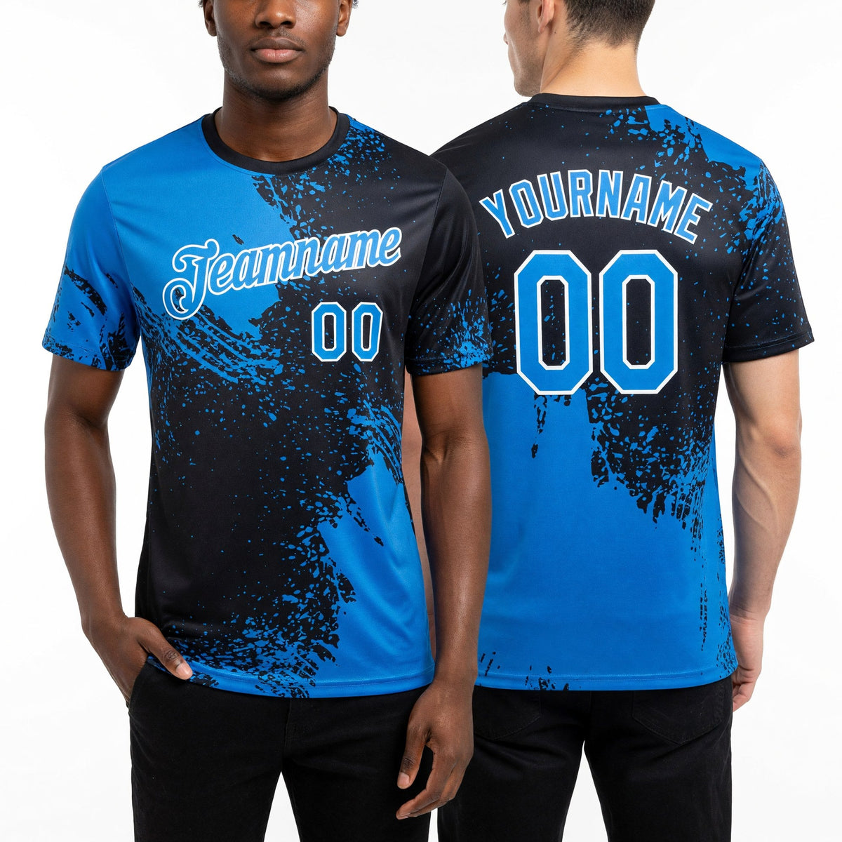 Custom Powder Blue Black-White 3D Pattern Design Abstract Brush Stroke Performance T-Shirt worn front and back