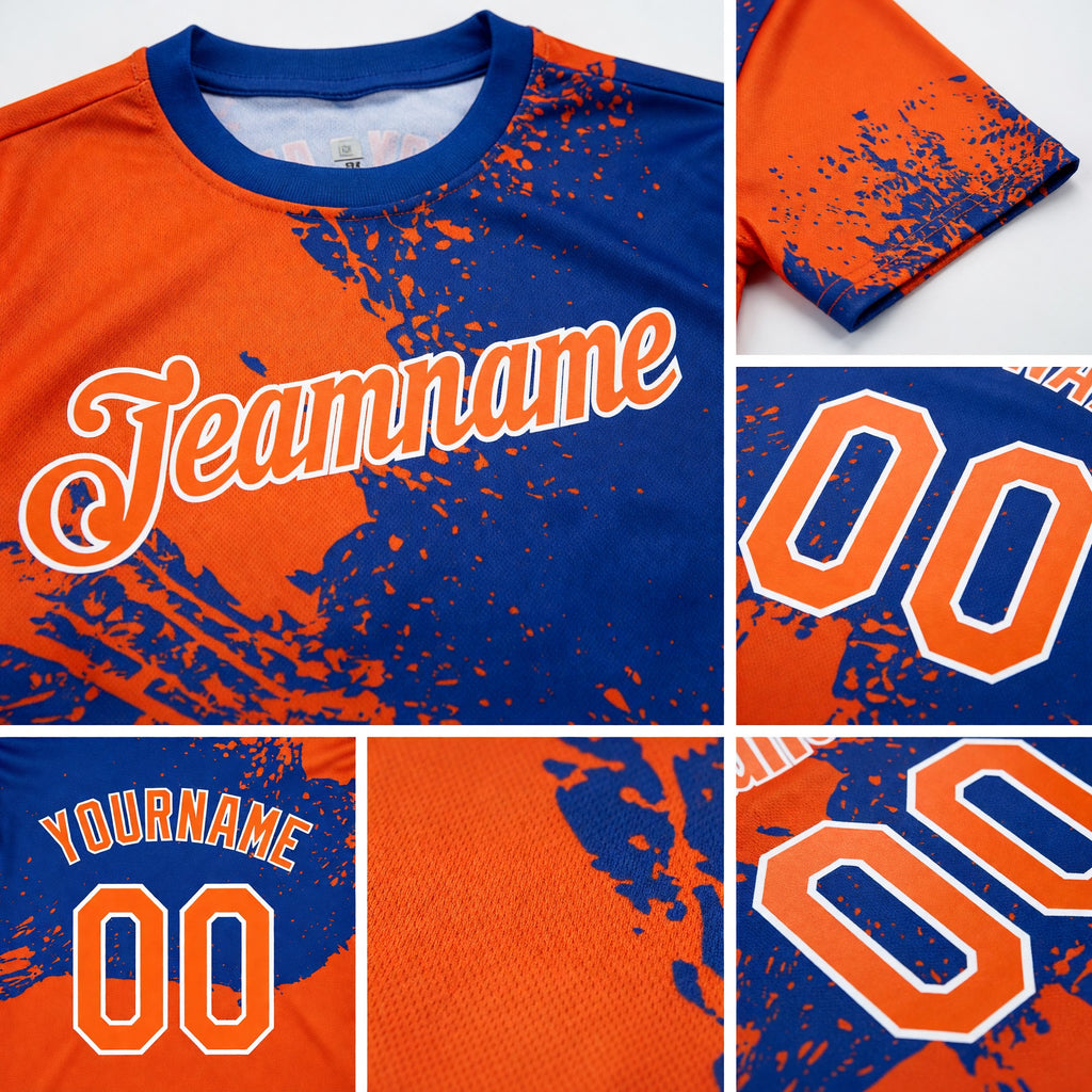Custom Orange Royal-White 3D Pattern Design Abstract Brush Stroke Performance T-Shirt detail